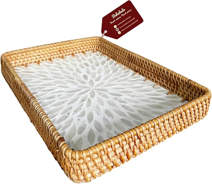 Rattan Rectangle Tray with Mother of Pearl Inlay – Unique Decorative Rattan Serving Tray for Coffee Table, Bathroom Vanity, Perfume & Nightstand – Ideals for Housewarming (White 11.8")