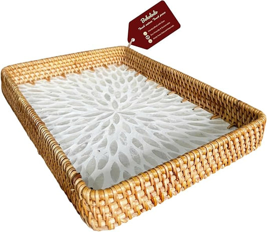 Rattan Rectangle Tray with Mother of Pearl Inlay – Unique Decorative Rattan Serving Tray for Coffee Table, Bathroom Vanity, Perfume & Nightstand – Ideals for Housewarming (White 11.8")