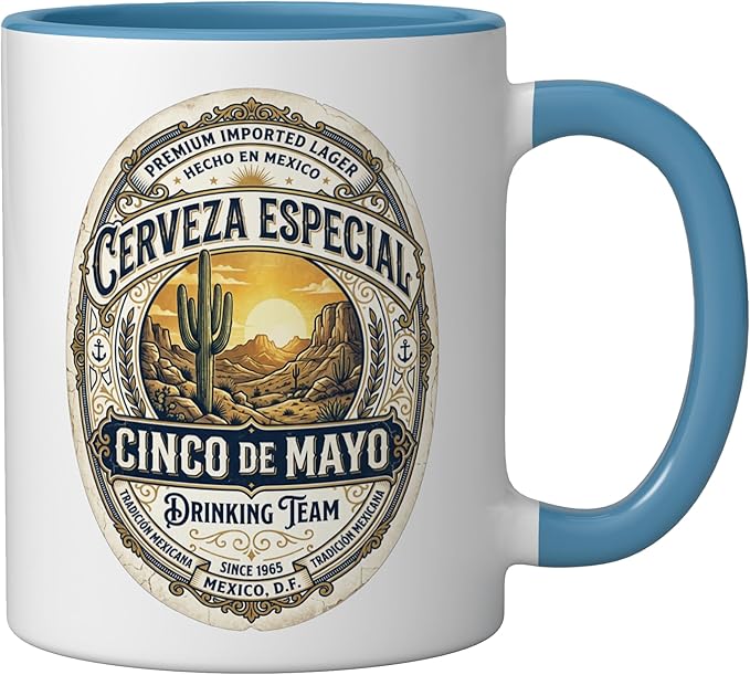 Cinco De Mayo Drinking Team Cerveza Beer Label Ceramic Mug, Blue/White