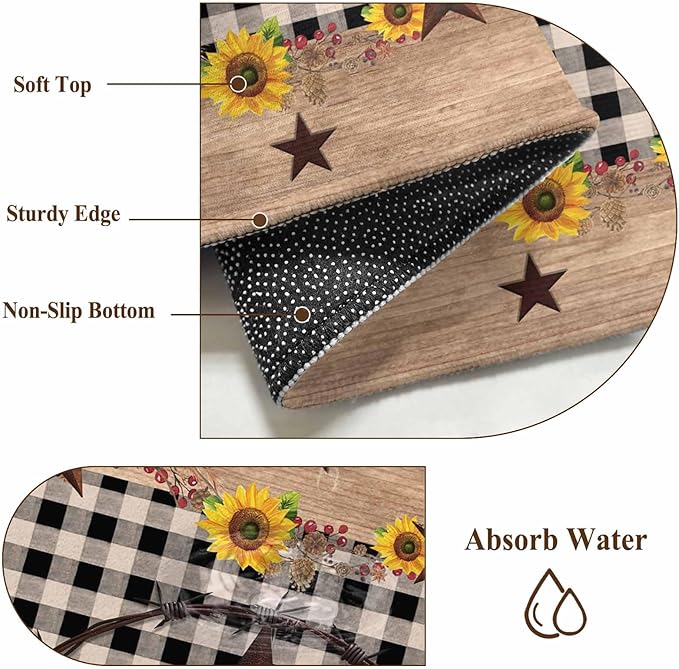 Washable Round Area Rug Western Star Farm Sunflower Circle Rugs Floor Carpet for Living Room Bedroom, Vintage Wood Grain Black Buffalo Plaid Soft Non Slip Round Rug 4ft