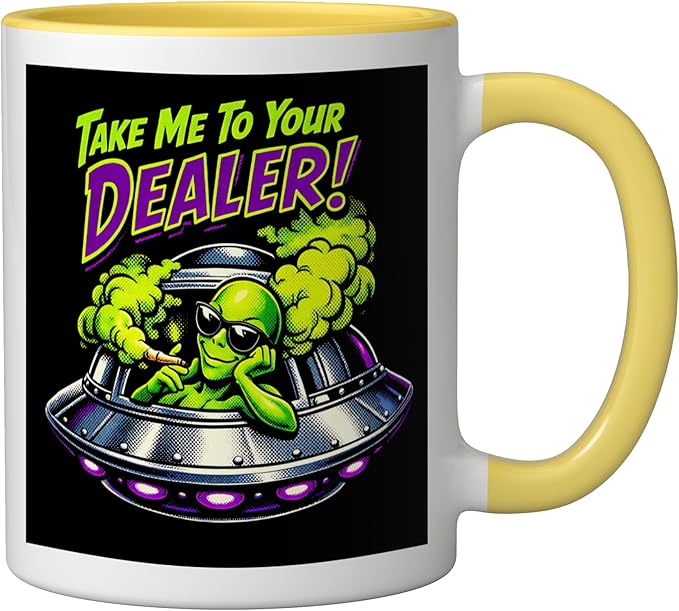 420 Take Me To Your Cannabis Weed Stoner Sc-Fi Alien UFO Ceramic Mug, Yellow/White
