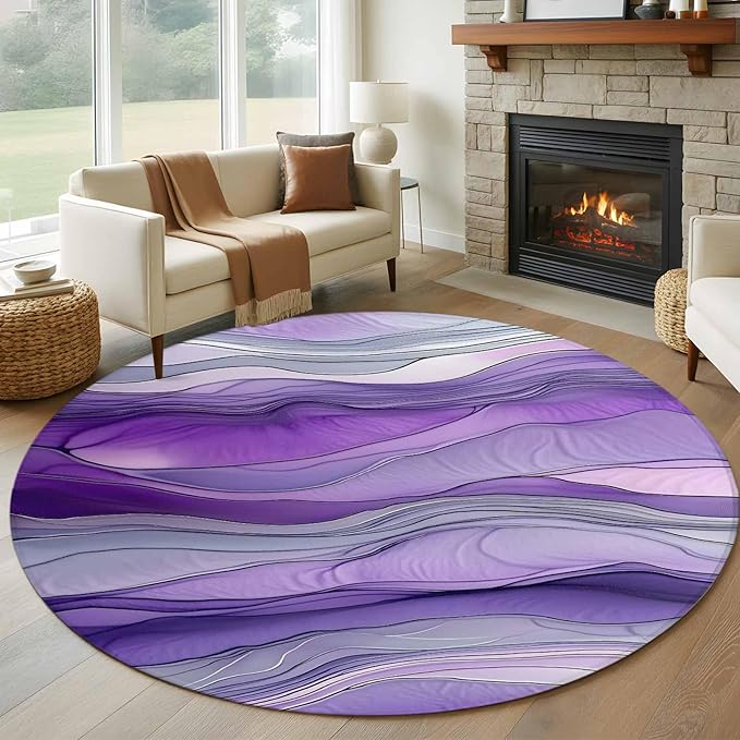 Washable Round Area Rug Abstract Art Purple Gray Wave Circle Rugs Floor Carpet for Living Room Bedroom, Vintage Marble Texture Soft Non Slip Round Rug 5ft