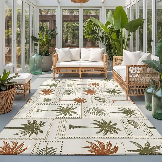 Area Rug 3x5ft, Vintage Coconut Tree Palm Leaves Washable Rugs for Living Room Bedroom, Farm Tropical Plant on Beige Soft Non-Slip Area Rugs Rectangle Floor Carpet for Dining Room