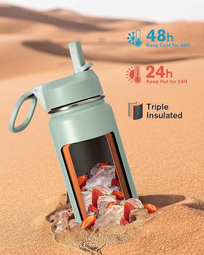 Coolflask Water Bottle 24 oz Insulated with Straw, Stainless Steel Metal 3 Lids Water Flask Wide Mouth for Sports or Office, Non-BPA Keep Cold Up to 48 Hrs or Hot Up to 24 Hrs, Grey Green