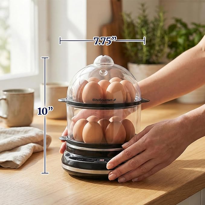 Elite Gourmet EGC314CB Digital Easy Egg Cooker Food Steamer, Poacher, Omelet, Soft, Medium, Hard-Boiled Egg with 6 Programmed Preset Functions, 2-Tiers, Measuring Cup, 14 egg capacity, Black