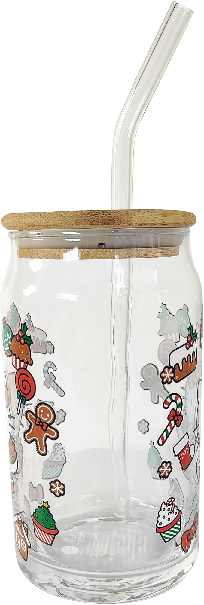Silver Buffalo Sanrio Hello Kitty Sweet Christmas Holiday Desserts and Gingerbread Houses Glass Jar Tumbler with Bamboo Lid and Glass Straw, 16 Ounces