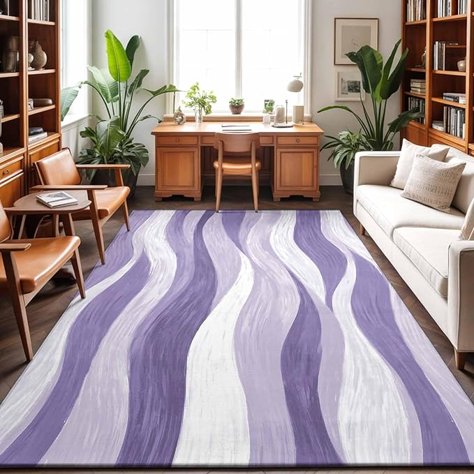 Area Rug 4x6ft, Abstract Lavender Purple White Water Ripples Washable Rugs for Living Room Bedroom, Modern Art Soft Non-Slip Area Rugs Rectangle Floor Carpet for Dining Room
