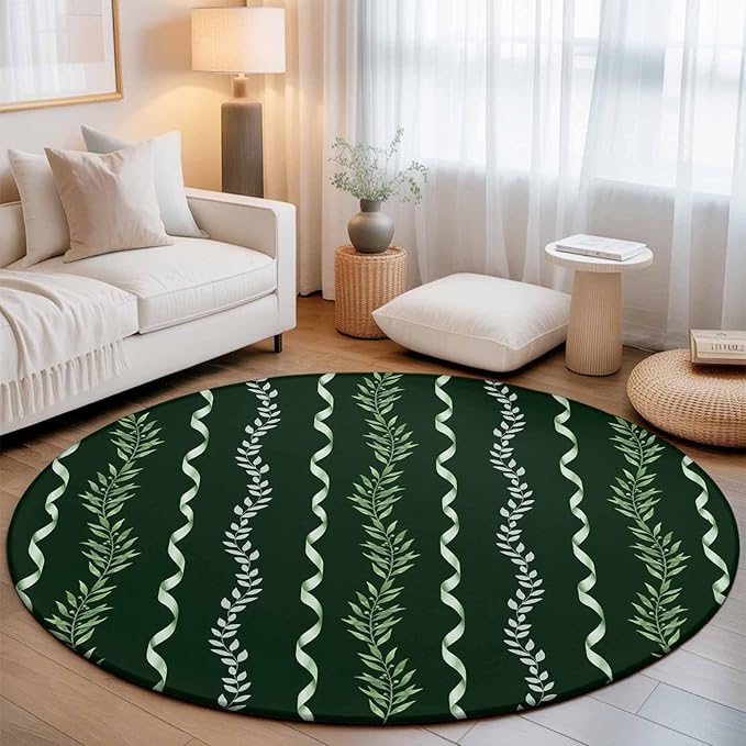 Washable Round Area Rug Botanical Leaves Green Ribbons Circle Rugs Floor Carpet for Living Room Bedroom, Summer Foliage Plant Soft Non Slip Round Rug 5ft