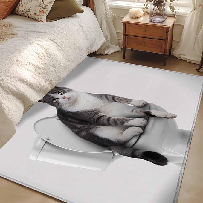 Area Rug 4x6ft, Cute Funny Cat on The Toilet Washable Rugs for Living Room Bedroom, Animal Grey Art Soft Non-Slip Area Rugs Rectangle Floor Carpet for Dining Room