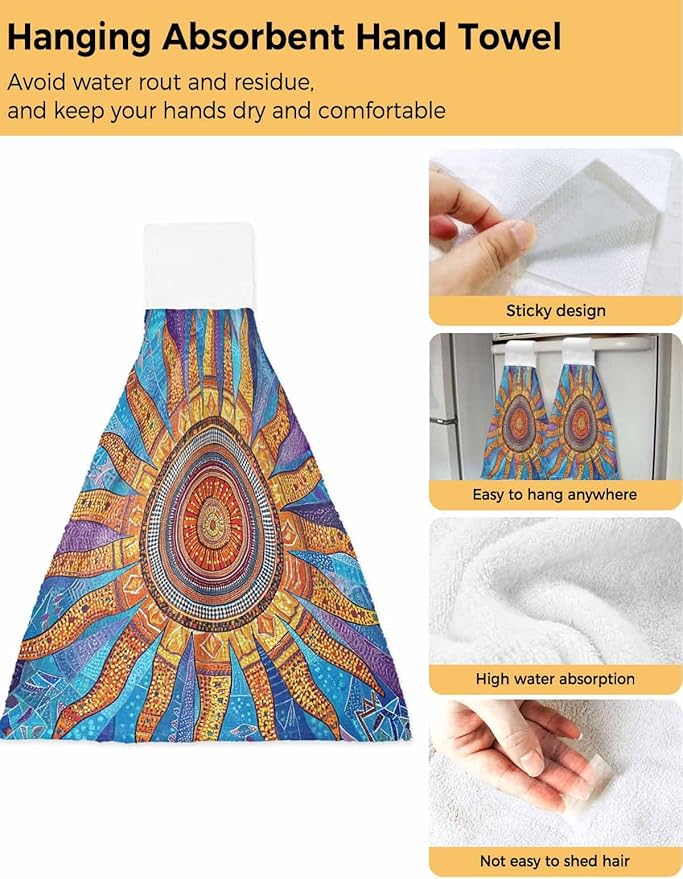 Alandar Home Kitchen Tie Towel Set of 2, Abstract Boho Sun Floral Absorbent Soft Hand Towels for Bathroom Hanging Towels, Retro Bohemian Pattern Fast Drying Cleaning Cloth with Loop