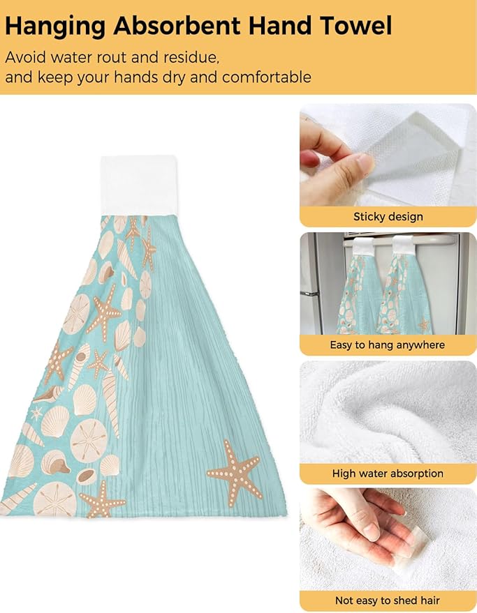 Alandar Home Kitchen Tie Towel Set of 1, Summer Starfish Shell Absorbent Soft Hand Towels for Bathroom Hanging Towels, Abstract Striped on Green Background Fast Drying Cleaning Cloth with Loop
