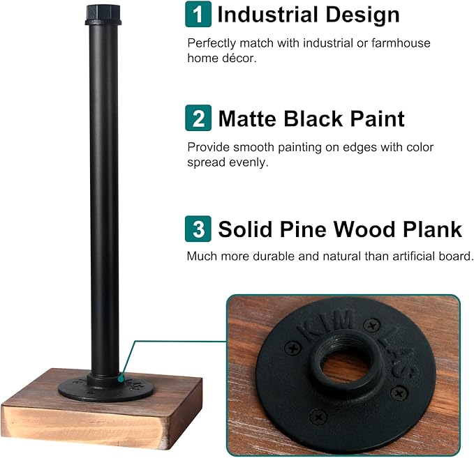 HouseAid Industrial Pipe Paper Towel Holder Stand, Free-Standing Farmhouse Kitchen Towel Holder, Rustic Paper Towel Rack for Countertop, Matte Black
