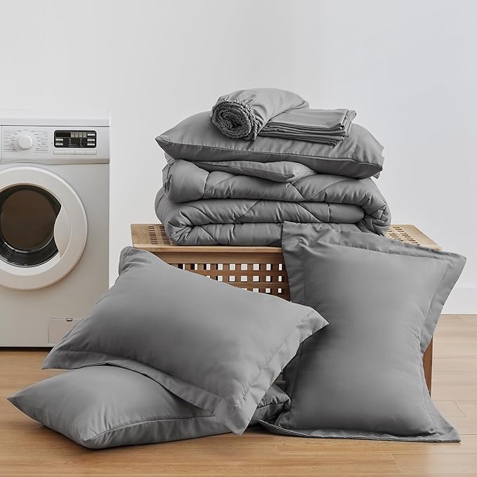 Love's cabin King Size Comforter Set Grey, 7 Pieces King Bed in a Bag, All Season Bedding Sets with 1 Comforter, 1 Flat Sheet, 1 Fitted Sheet, 2 Pillowcase and 2 Pillow Sham | Soft, Breathable, Lightweight, Comfortable