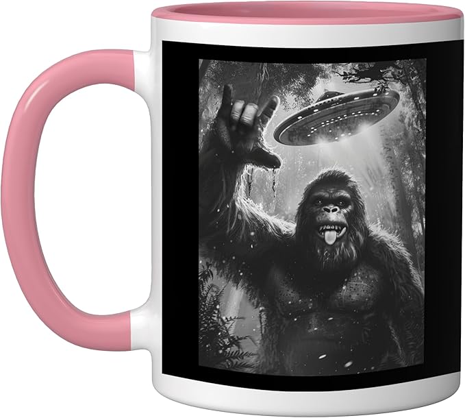 Funny Sasquatch Bigfoot Rock On Selfie with UFO Alien Saucer Ceramic Mug, Pink/White