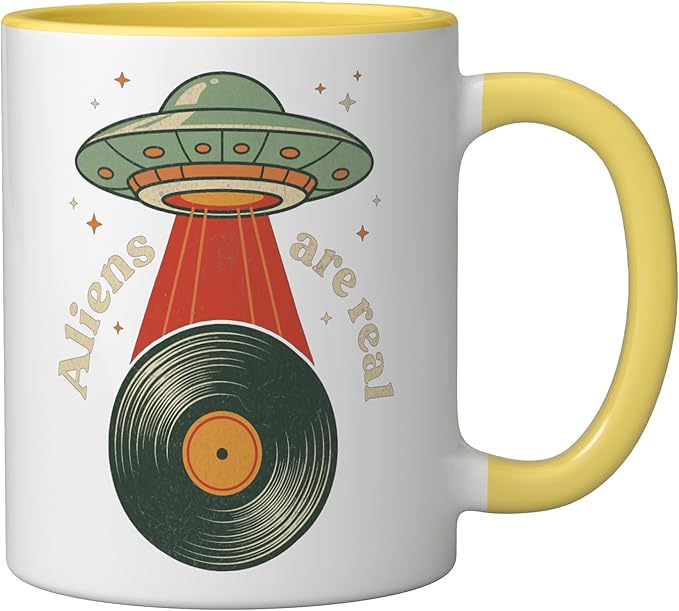 Vintage UFO Abduction Vinyl Record Player Retro Music Lover Ceramic Mug, Yellow/White