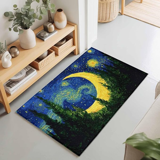 Area Rug 2x3ft, Giant Moon Forest Expressionist Art Washable Rugs for Living Room Bedroom, Dreamy Night Navy Blue Soft Non-Slip Area Rugs Rectangle Floor Carpet for Dining Room