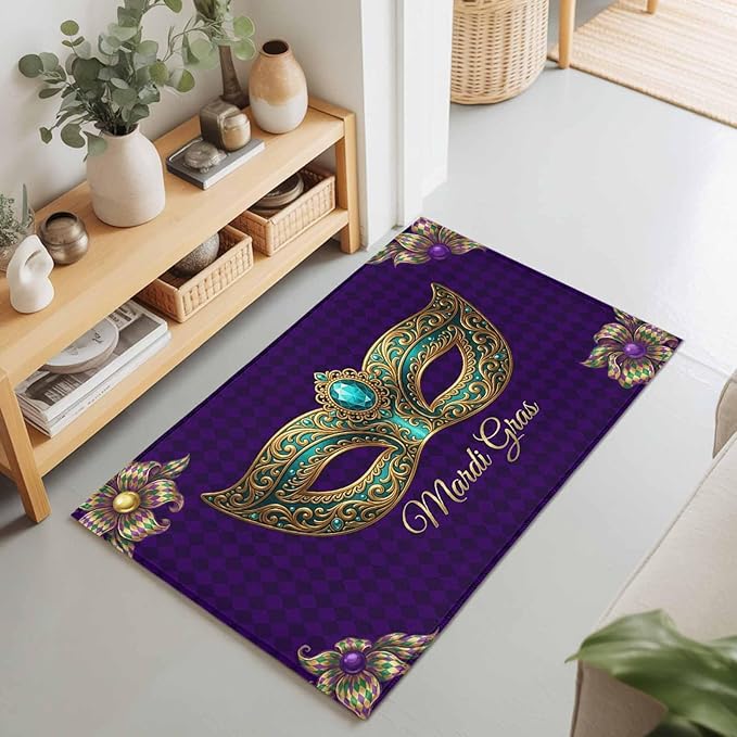 Area Rug 2x3ft, Mardi Gras Mask Purple Plaid Washable Rugs for Living Room Bedroom, Abstract Blossom Floral Soft Non-Slip Area Rugs Rectangle Floor Carpet for Dining Room