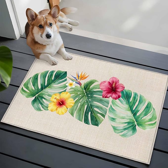 Area Rug 2x3ft, Country Monstera Hibiscus Foliage Washable Rugs for Living Room Bedroom, Tropical Plant Vintage Linen Soft Non-Slip Area Rugs Rectangle Floor Carpet for Dining Room