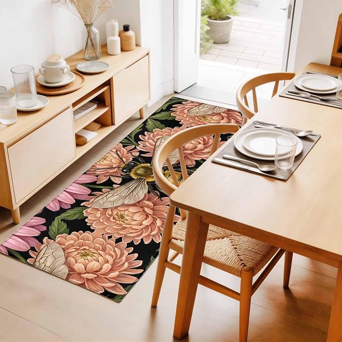 Runner Rug for Bedroom Hallway, Vintage Honey Gold Bee Pink Flowers Kitchen Runner Rugs Area Rug 2x6ft, Sage Green Leaves Washable Soft Floor Carpet for Entryway Stair