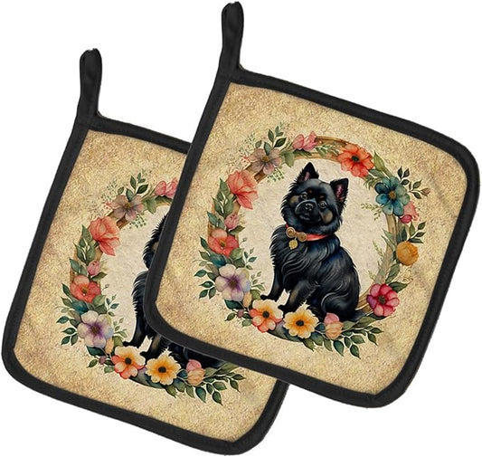 Caroline's Treasures German Spitz and Flowers Pair of Pot Holders Kitchen Heat Resistant Pot Holders Sets Oven Hot Pads for Cooking Baking BBQ, 7 1/2 x 7 1/2