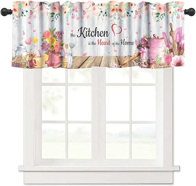 Floral Kitchen Valance Curtain, Watercolor Pink Flower Dessert Baking Tools Farmhouse Short Window Treatment for Dining Room Cafe Resturant Afternoon Tea Bedroom Home Decor, 54x18Inch