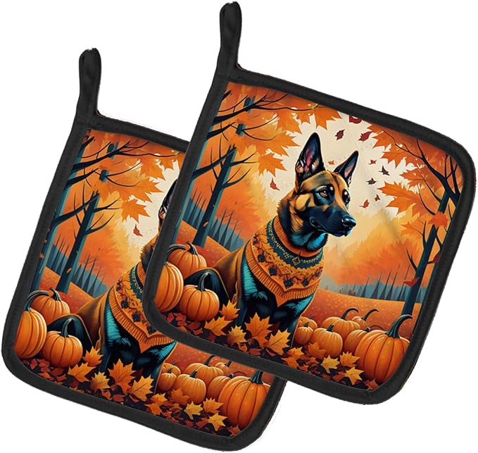 Caroline's Treasures DAC1016PTHD Belgian Malinois Fall Pair of Pot Holders Kitchen Heat Resistant Pot Holders Sets Oven Hot Pads for Cooking Baking BBQ, 7 1/2 x 7 1/2