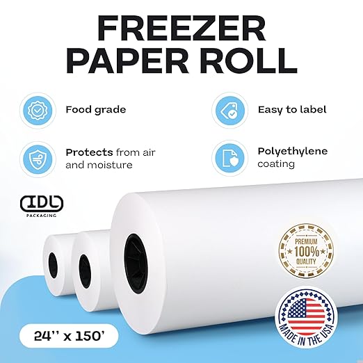 Freezer Paper Roll 24" x 1800" (150 feet) - USA-made White Paper for Freezing Food - Freezer Material with Special Coating for Meat & Fish - Strong Barrier Against Air and Moisture by IDL Packaging