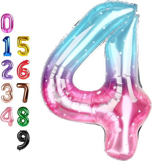 Balloon Number 4, Number Balloon for 4th Birthday Decorations, 40 Inch Big Balloons for 4, 14, 40 Wedding Anniversaries Party Girls Boys, Blue and Pink