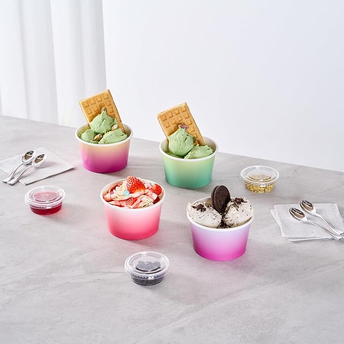 Restaurantware Paper Cups 200 Count 8 Ounce Square Disposable Ice Cream Containers, Leak-Resistant Paper Dessert To Go Cups, Hot And Cold Food, Durable Assorted Ombre Design