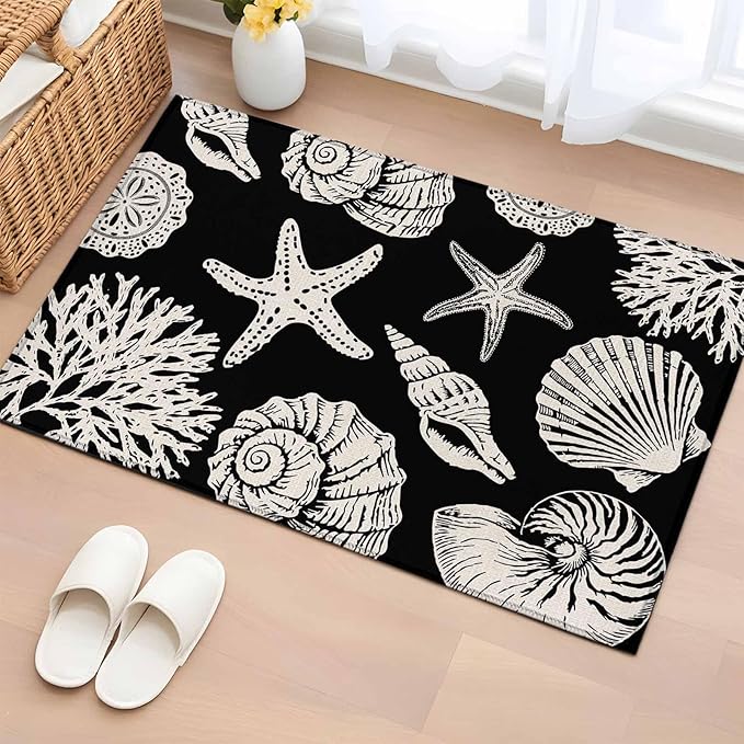 Area Rug 2x3ft, Marine Starfish Shell Conch Washable Rugs for Living Room Bedroom, Ocean Life on Black Soft Non-Slip Area Rugs Rectangle Floor Carpet for Dining Room