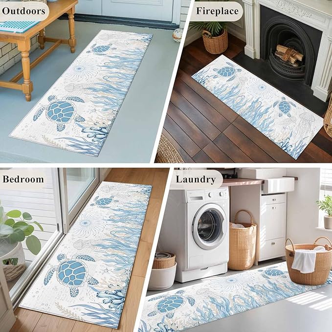 Runner Rug for Bedroom Hallway, Blue Sea Turtles Stars Corals Kitchen Runner Rugs Area Rug 2x6ft, Vintage Marine Life Washable Soft Floor Carpet for Entryway Stair