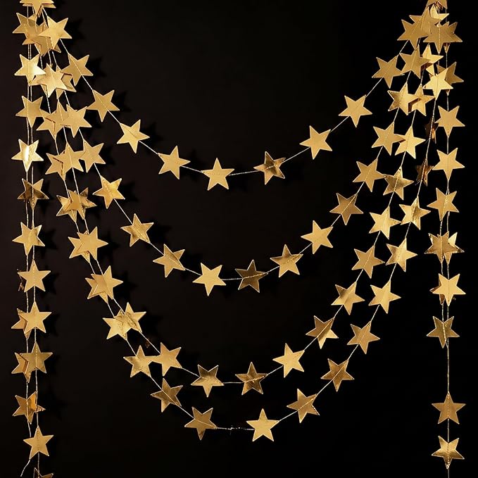 Patelai 210 Feet Glitter Star Garland Banner 2026 Party Decoration Double Side Star Hanging String Streamer Paper Twinkle for Graduation Wedding Birthday (Champagne Gold)