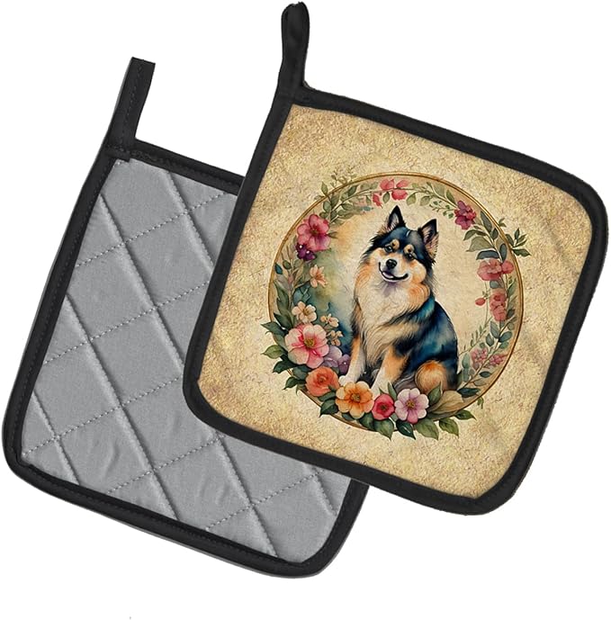 Caroline's Treasures Finnish Lapphund and Flowers Pair of Pot Holders Kitchen Heat Resistant Pot Holders Sets Oven Hot Pads for Cooking Baking BBQ, 7 1/2 x 7 1/2