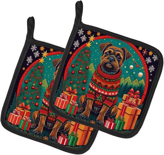 Caroline's Treasures Border Terrier Christmas Pair of Pot Holders Kitchen Heat Resistant Pot Holders Sets Oven Hot Pads for Cooking Baking BBQ, 7 1/2 x 7 1/2