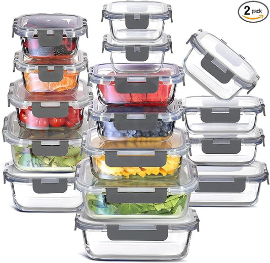 EATEX 32pc Glass Storage Containers with Lids, 16 Glass Food Storage Containers with 16 Airtight Lids for Pantry & Kitchen, Meal Prep Containers for Lunch, Oven Freezer Microwave & Dishwasher Safe