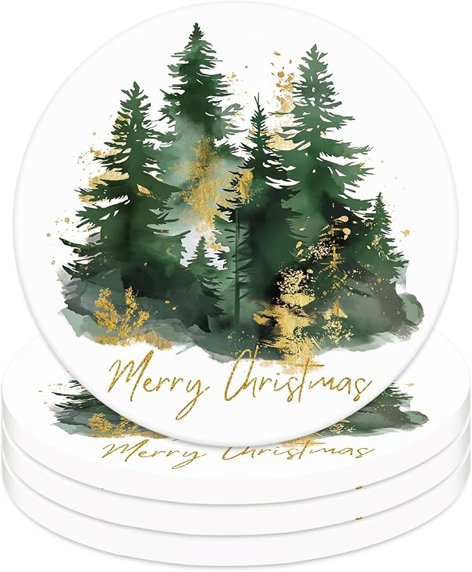 JarThenaAMCS 4Pcs Christmas Coasters Round Ceramic Drink Coaster Watercolor Xmas Pine Tree Cup Mat for Mugs Home Kitchen Farmhouse Table Protection