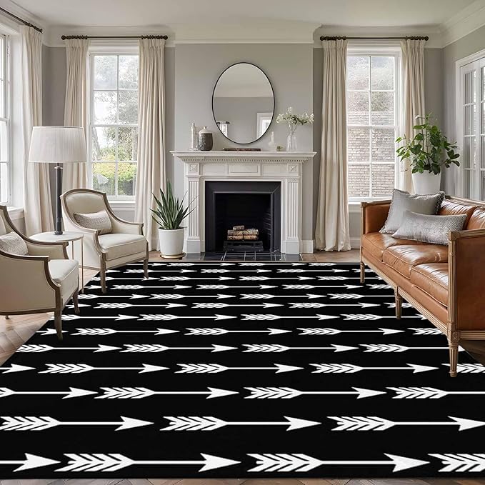 Area Rug 9x12ft, Tribal Style Arrows Pattern Washable Rugs for Living Room Bedroom Rectangle Floor Carpet, Black Background Soft Non-Slip Area Rugs for Dining Room