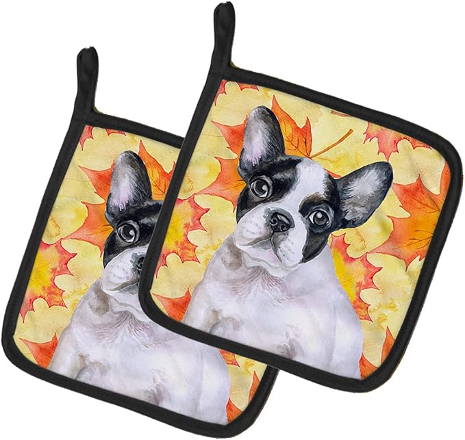 Caroline's Treasures BB9971PTHD French Bulldog Black White Fall Pair of Pot Holders, Yellow Kitchen Heat Resistant Pot Holders Sets Oven Hot Pads for Cooking Baking BBQ, 7 1/2 x 7 1/2