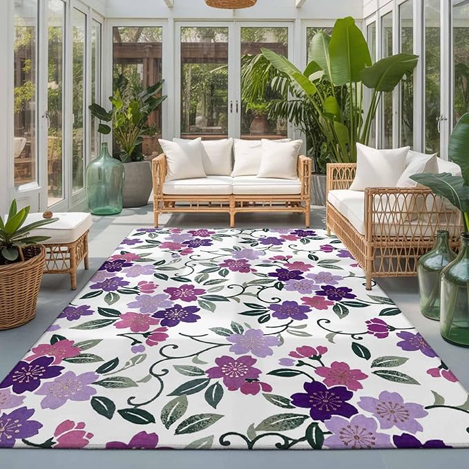 Area Rug 3x5ft, Country Purple Pink Flower Green Leaf Washable Rugs for Living Room Bedroom, Pastoral Floral Plant Soft Non-Slip Area Rugs Rectangle Floor Carpet for Dining Room