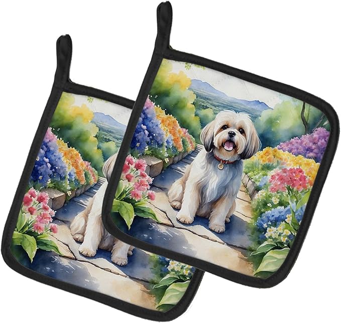 Caroline's Treasures Lhasa Apso Spring Path Pair of Pot Holders Kitchen Heat Resistant Pot Holders Sets Oven Hot Pads for Cooking Baking BBQ, 7 1/2 x 7 1/2