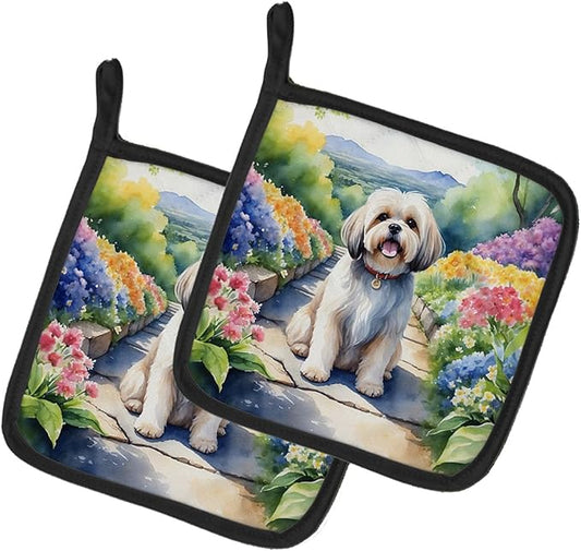 Caroline's Treasures Lhasa Apso Spring Path Pair of Pot Holders Kitchen Heat Resistant Pot Holders Sets Oven Hot Pads for Cooking Baking BBQ, 7 1/2 x 7 1/2