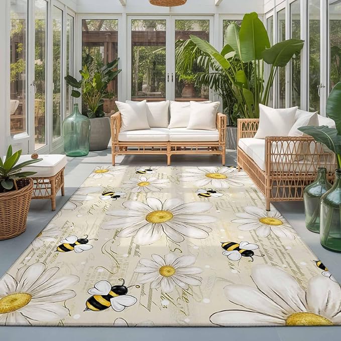 Area Rug 3x5ft, Retro Watercolor White Floral Bee Washable Rugs for Living Room Bedroom, Summer Daisy Letter Texture Soft Non-Slip Area Rugs Rectangle Floor Carpet for Dining Room