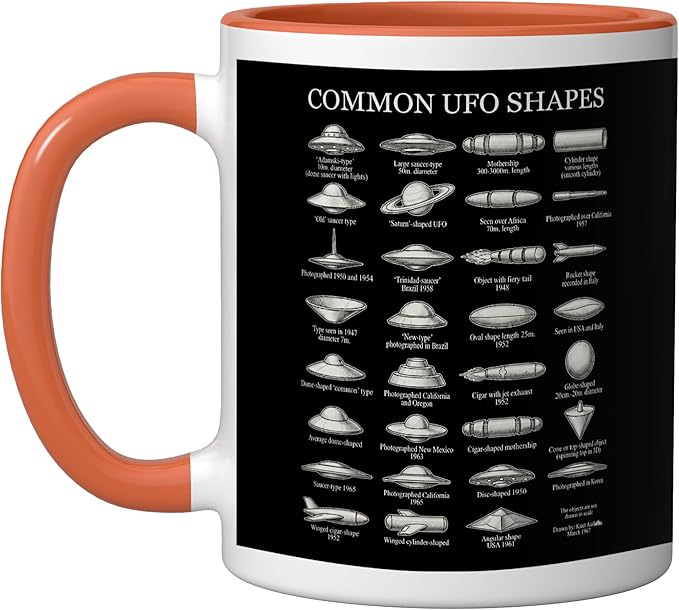 Common UFO Shapes Vintage Chart Alien Flying Saucer Ceramic Mug, Orange/White