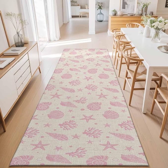 Runner Rug for Bedroom Hallway, Ocean Pink Shell Coral Conch Kitchen Runner Rugs Area Rug 2x6ft, Marine Starfish on Farm Burlap Washable Soft Floor Carpet for Entryway Stair