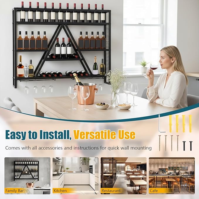 Wall Mounted Wine Rack Multi-Purpose Bar Liquor Bottle Display Shelf Large Capacity for Kitchens Bars Cafes