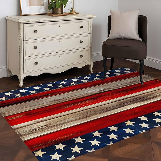 Area Rug 4x6ft, Vintage Stripes and Stars Washable Rugs for Living Room Bedroom, Patriotic 250th Anniversary Soft Non-Slip Area Rugs Rectangle Floor Carpet for Dining Room