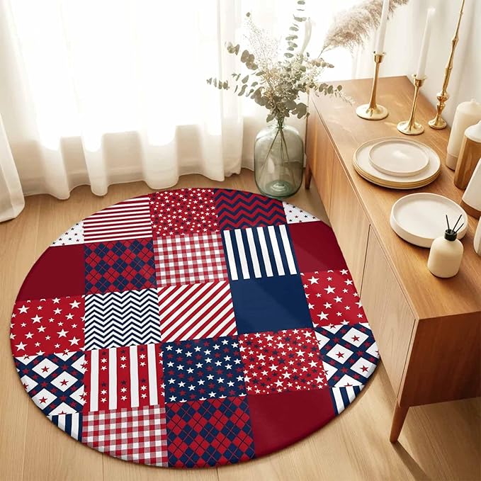 Washable Round Area Rug Abstract Splicing Stars Stripes Circle Rugs Floor Carpet for Living Room Bedroom, Independence Day Red Blue White Soft Non Slip Round Rug 5ft
