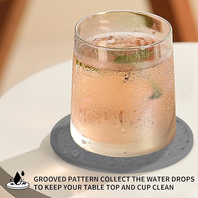 Gray Silicone Coasters with Holder, 4 Inch Non-Slip Heat-Resistant Drink Coasters Set of 6, Waterproof Decorative Round Cup Mats for Home, Kitchen, Office, Bar Coffee Table, Housewarming Gift