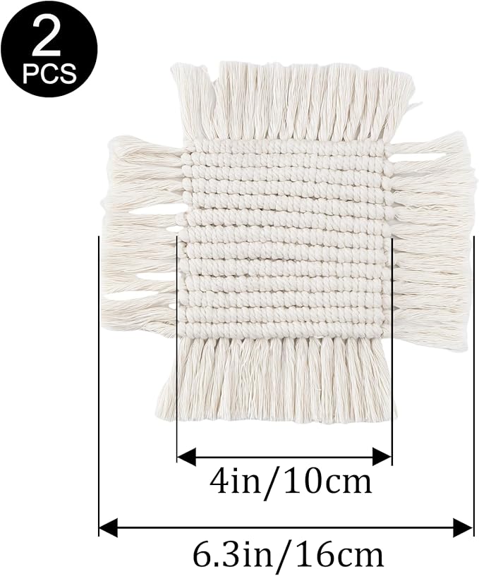 Boho Macrame Coasters Set of 2,Absorbent Coaster for Drinks, Round Handmade Woven Coasters for Boho Home Decor, CupCoasters for Office Desk, Kitchen, Dining Room, Bar (S-Beige(2pcs)/6.3in)