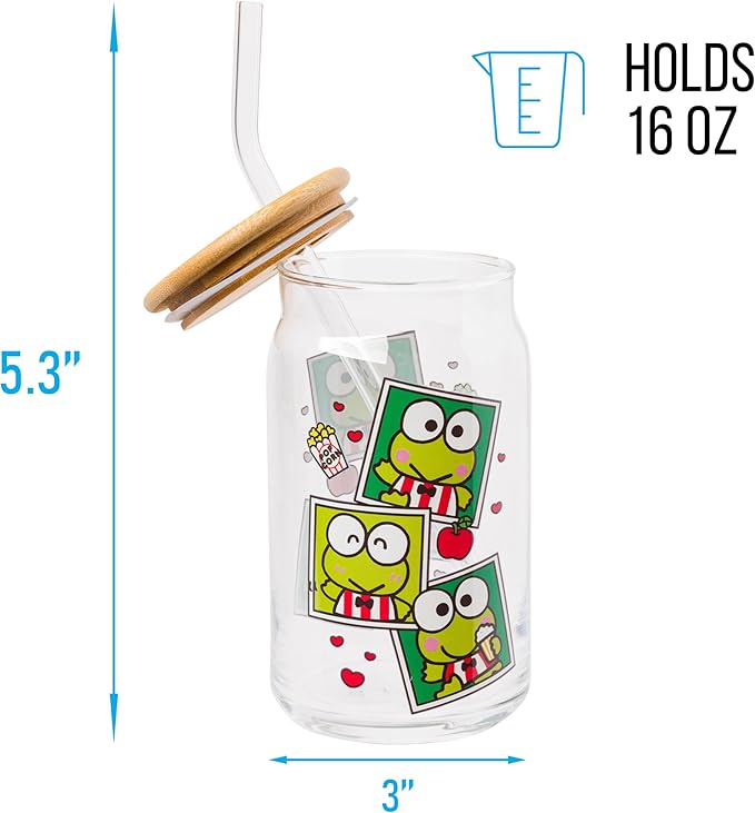 Silver Buffalo Sanrio Hello Kitty and Friends Keroppi Polaroids Glass Jar Tumbler with Bamboo Lid and Glass Straw, 16 Ounces (Pack of 12)